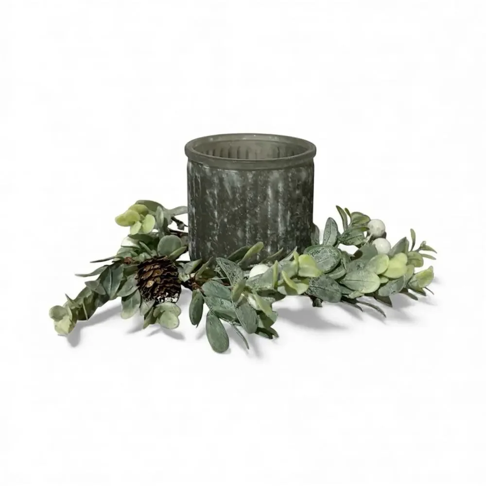 Rustic Gray Glass Candle Holder w/ 4” Candle Ring Holiday Greens & Pinecones